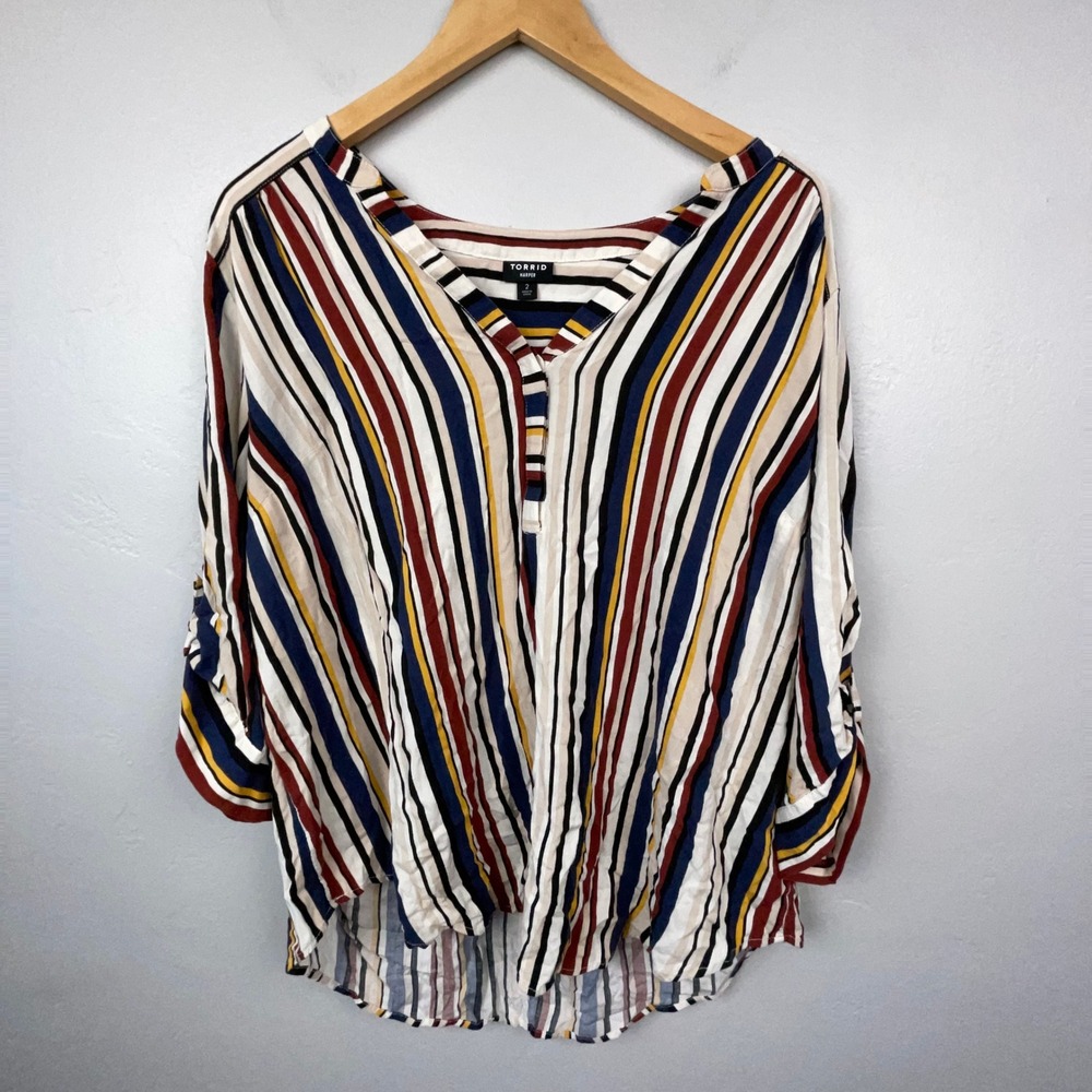Torrid Blouse Women 2 Multicolor Striped Harper Roll Tab Split Neck Pullover Top